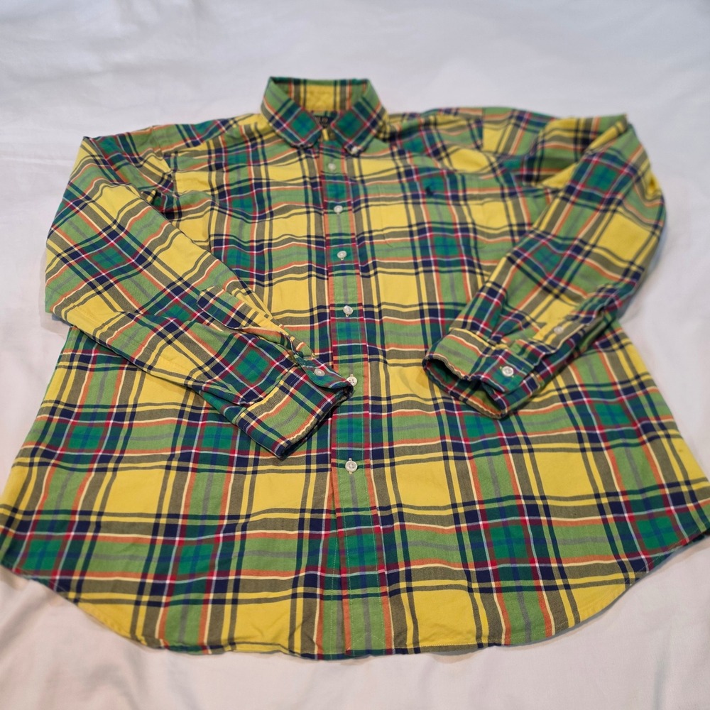 Polo Ralph Lauren Button Down Shirt Mens Large Yellow Green Plaid Excellent Pony